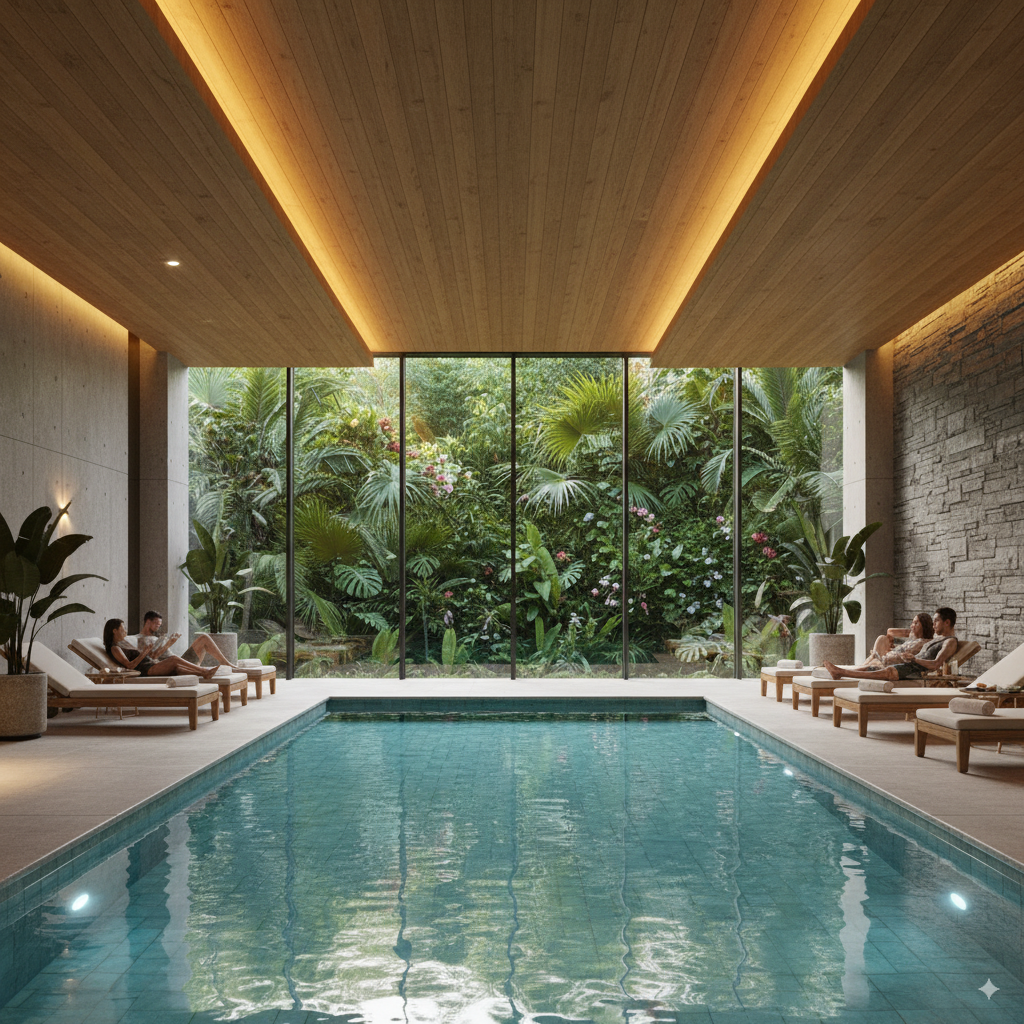 Luxury spa pool with clear switchable glass wall overlooking tropical forest