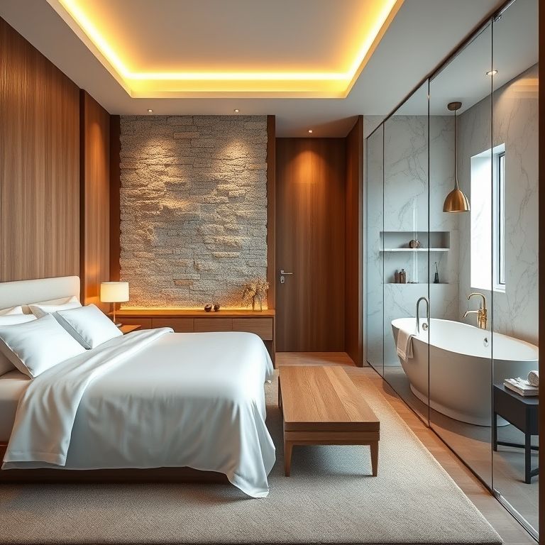 Luxury hotel bedroom with Switchglass privacy glass between bedroom and bathroom